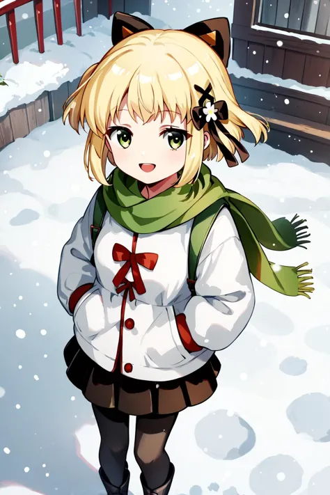 anime girl with a cat ear and scarf standing in the snow