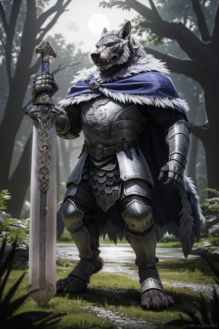 on e621,blaidd (elden ring), cape, armor, silver armor, engraved armor, topwear, bottomwear, safe, 4 toes, anthro, biped, black pawpads, black sclera, purple eyes, blue eyes, claws, night, forest, moonlight, detailed background, digitigrade, feet, hair, looking at viewer, male, muscular, muscular anthro, outside, pawpads, solo, toe claws, toes, black body:1.4, black fur:1.3, happy trail, facial hair, beard, melee weapon, holding weapon, sword, holding sword,
BREAK,
by snowskau, by foxovh, by sabretoothed ermine, (intricate, high detail, film photography, soft focus, RAW candid cinema,
photorealism, realistic, photorealistic, analog style, subsurface scattering,
masterpiece, best quality, ultra realistic, 8k)