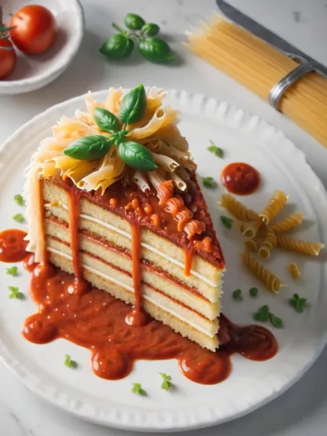 pastel en un plato de espejo, (salsa de tomate chorreando:1.4), fideos 