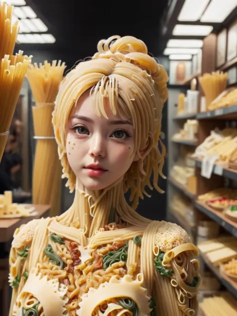human made of noodles, (((noodles human:1.4))) full cheese body, (cheese face:1.4), Korean girl 20 years old, (best quality:1.4), masterpiece, (photorealistic:1.4), 8k, ultra detailed, beautiful and aesthetic, black background, mirror floor, noodlez 