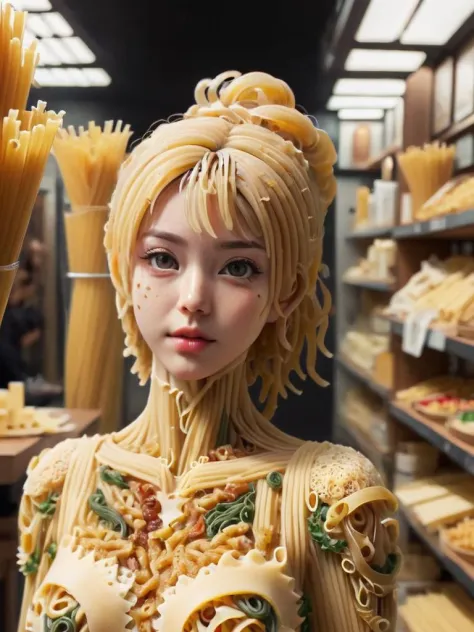 human made of noodles, (((noodles human:1.4))) full cheese body, (cheese face:1.4), Korean girl 20 years old, (best quality:1.4), masterpiece, (photorealistic:1.4), 8k, ultra detailed, beautiful and aesthetic, black background, mirror floor, noodlez <lora:noodlez:1>