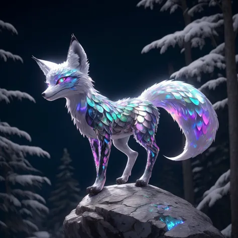 picture of mythical graceful fox spirit with shiny iridescent scales glowing eyes looking at viewer on rock snowy forest in back...