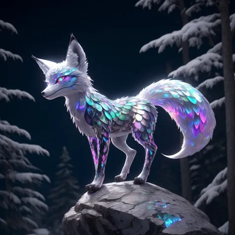 picture of mythical graceful fox spirit with shiny iridescent scales glowing eyes looking at viewer on rock snowy forest in background <lora:ST BOD Scales_v3_E3R4:1>, masterpiece, best quality, high quality, highres, ultra-detailed