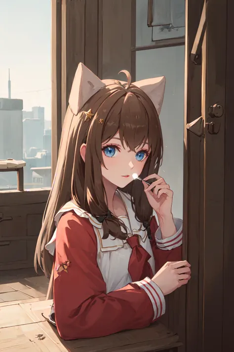 anime girl with cat ears and a red jacket looking out a window