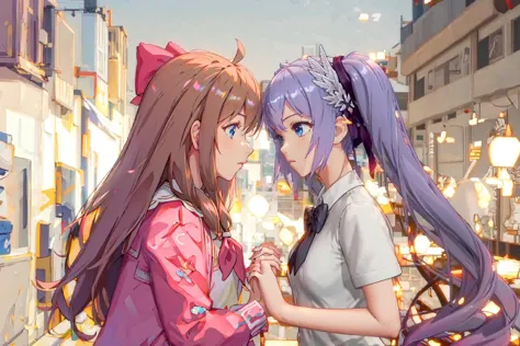 masterpiece, best quality, 2girls, outdoors, night, holding hands, looking at another, from side, looking away, eye contact, facing another, faceoff
AND masterpiece, best quality, 1girl, upper body, <lora:JiaranDianaLoraASOUL_v20SingleCostume:0.6>, blue eyes, brown hair, pink hair bow, jacket, neckerchief, looking at another, from side, looking away, holding hands, eye contact, facing another
AND masterpiece, best quality, 1girl, upper body, <lora:asoulAvaJK_v10:0.6>, default, white dress, wing hair ornament, twintails, looking at another, from side, looking away, breasts, holding hands, eye contact, facing another