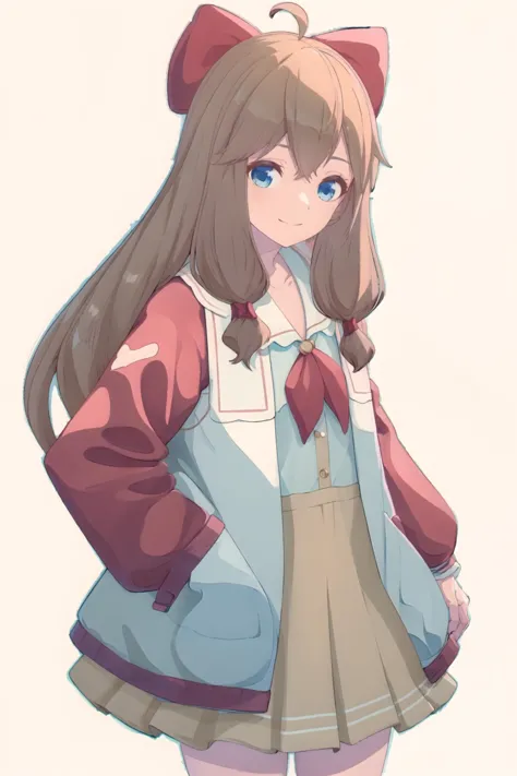 anime girl with long hair and a red bow in a school uniform