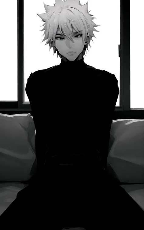 (masterpiece, best quality:1.4), insaneres, absurdres, solo, looking at viewer,BREAK
ARTSTYLE_NoirAestheticAnime_BW_ownwaifu, solo, looking at viewer, short hair, simple background, shirt, 1boy, white background, closed mouth, monochrome, greyscale, male focus, muscular, turtleneck, crossed arms, muscular male, spiked hair, veins
(sitting, spread legs), arms behind back, couch, window shade, indoors, <lora:ARTSTYLE_NoirAestheticAnime_BW_ownwaifu_FULL:0.95> , depth of field