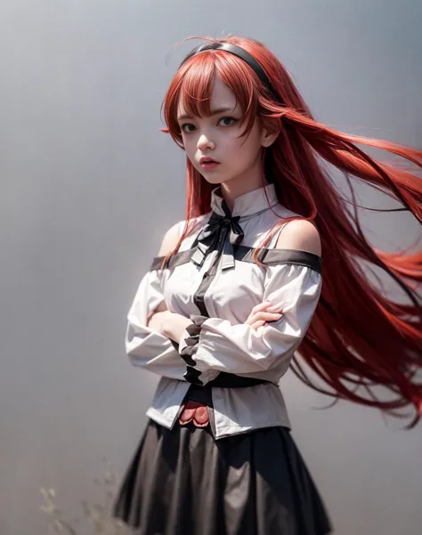 best quality, masterpiece, (detailed), realistic, photo realistic, closeup, erisc, 1girl,red hair,long hair,hairband,ahoge,red eyes,white shirt,bare shoulders, long sleeves,black skirt, frilled skirt,white pantyhose, crossed arms,angry,grey background,