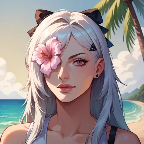 anime girl with white hair and pink flower in her hair