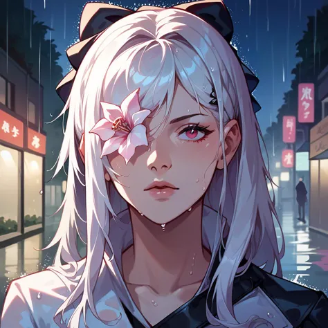 anime girl with white hair and pink flower in her hair