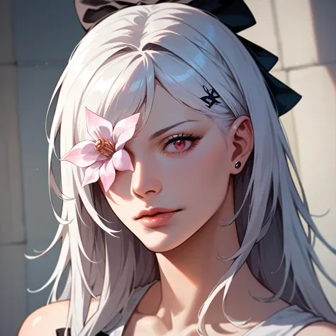 anime girl with white hair and pink flower in her hair