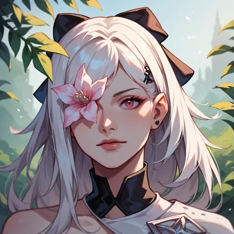 anime girl with white hair and a flower in her hair