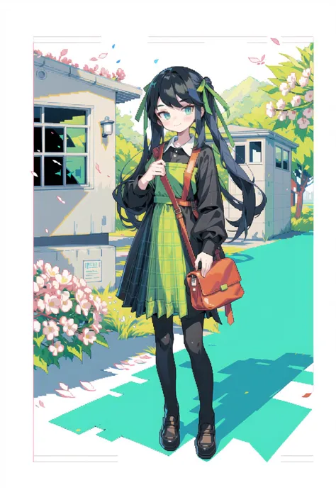 anime girl in green dress with brown bag and brown shoes