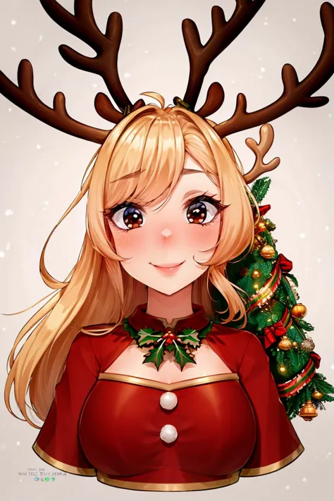 a cartoon girl with a reindeer antlers headband and a christmas tree