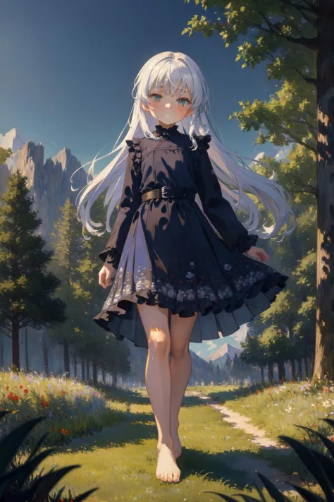 a girl in a dress walking through a forest with trees