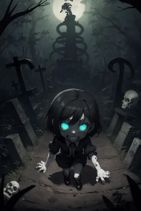 a girl with blue eyes standing in front of a graveyard