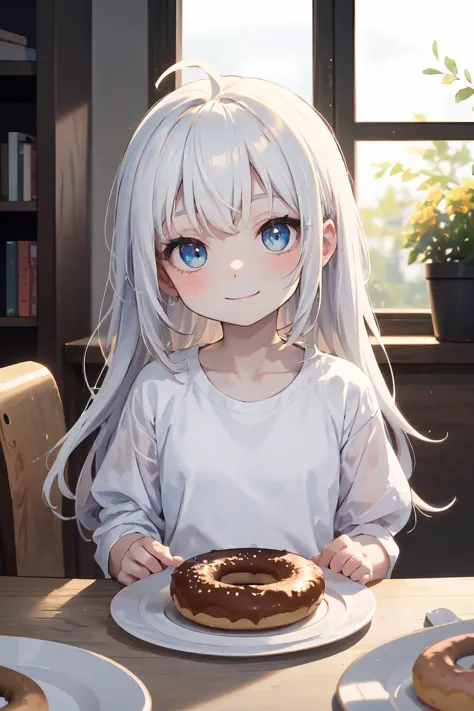 anime girl with long white hair holding a plate of donuts