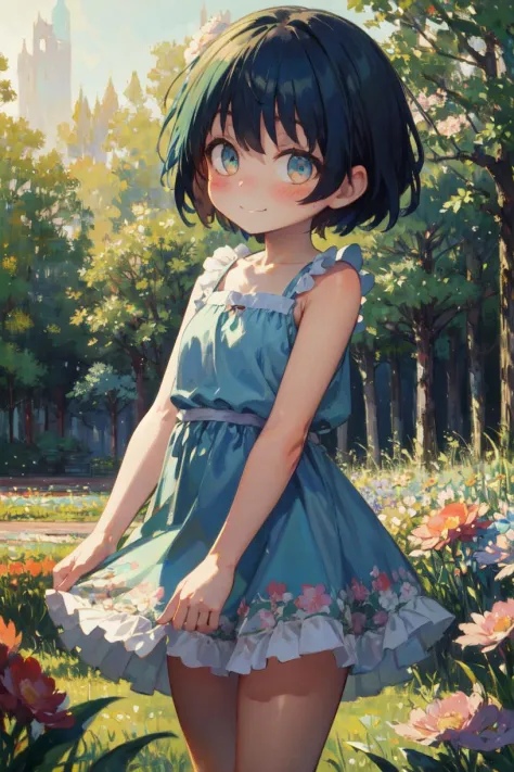 1girl, cute:1.3, blush, grinning, sassy, short hair, blue hair, warm skin, close-up, (floral dress, sundress), arms at sides, monet color, standing, forest:1.3, oil painting, post-impressionist, soft lighting, <lora:Akutox-000005:1>