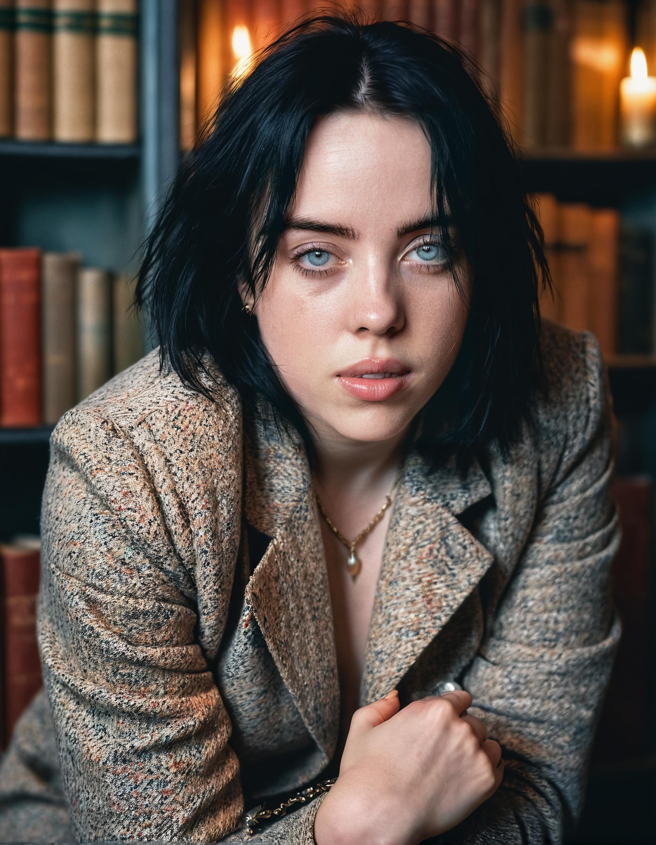 A woman with black hair and a jacket sitting in front of a book shelf -  SeaArt AI