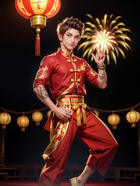 looking at viewer,  Amidst the Chinese New Year festivities of the Dragon, a (handsome young man:1.1)( dons traditional attire:1.5). His clothing reveals chiseled muscles and tattoos, with a red shirt featuring golden dragon embroidery and snug, red trousers adorned with fireworks motifs. Completing the look are golden shoes.
 he stands against a backdrop of gleaming red and gold lanterns on a stage filled with music and firecrackers. The man's tattoos, depicting dragons and Chinese symbols, underscore his cultural connection. With a radiant smile, he extends blessings for the year ahead, encapsulating the spirit of joy and community celebration. His masculine, youthful, and tender features exude warmth and charm, adding to the festive atmosphere of the occasion, 
 <lora:GoodHands-beta2:0.8>, dynamic pose, 
 <lora:JackHarrer:0.8> JackHarrer, masterpiece, 4k, high quality, highres, absurdres,