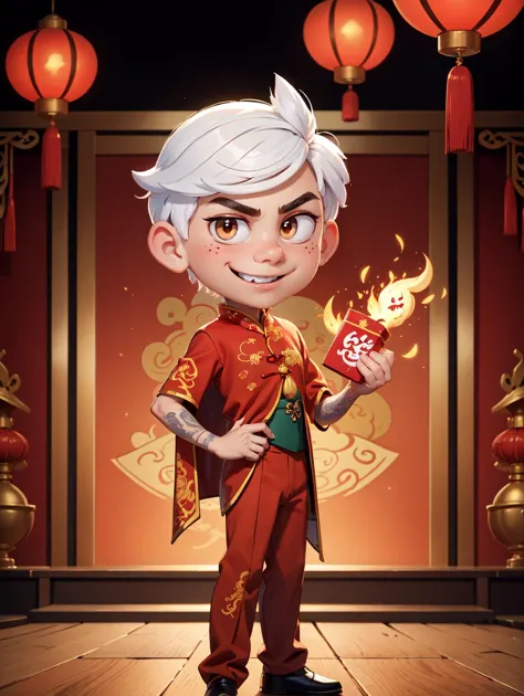 a cartoon character of a boy in a red outfit holding a red lantern