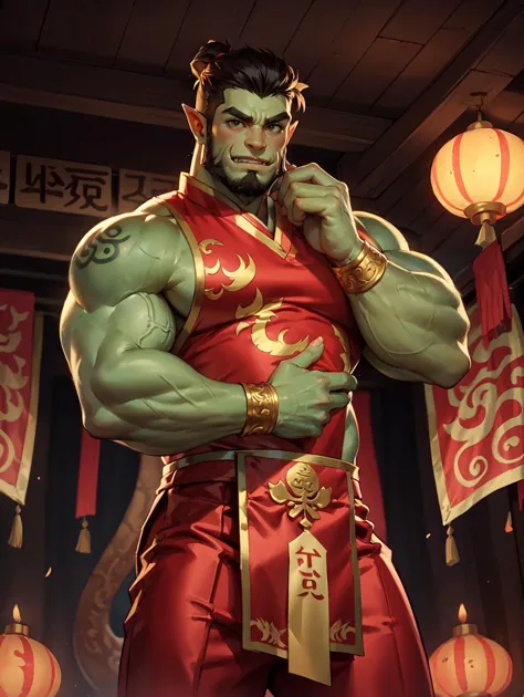 a close up of a man in a red outfit holding a sword