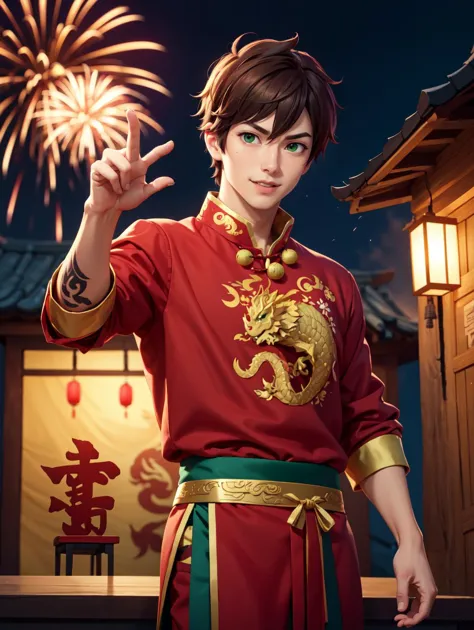 looking at viewer,  Amidst the Chinese New Year festivities of the Dragon, a (handsome young man:1.1)( dons traditional attire:1.5). His clothing reveals chiseled muscles and tattoos, with a red shirt featuring golden dragon embroidery and snug, red trousers adorned with fireworks motifs. Completing the look are golden shoes.
 he stands against a backdrop of gleaming red and gold lanterns on a stage filled with music and firecrackers. The man's tattoos, depicting dragons and Chinese symbols, underscore his cultural connection. With a radiant smile, he extends blessings for the year ahead, encapsulating the spirit of joy and community celebration. His masculine, youthful, and tender features exude warmth and charm, adding to the festive atmosphere of the occasion, 
 dynamic pose, 
  kazuma satou, short hair, brown hair, (green eyes:1.3), male focus,, masterpiece, 4k, high quality, highres, absurdres,