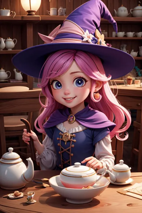 ((masterpiece, best quality)), ((style-swirlmagic):0.3), (chibi:0.6), 1girl, witch tea party, wooden table , cute, happy, vibran...