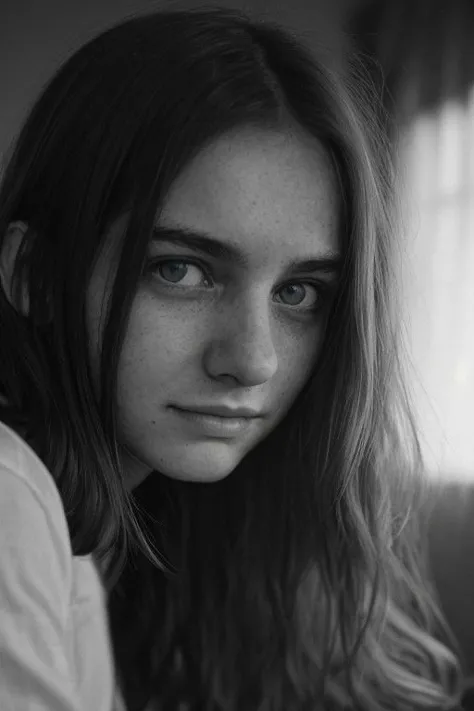 The most beautiful french girl in the World, color eyes, green eyes, 24 years old, closeup, a cute shy smile, worried expression, bnw photo in the style of Alessio Albi, cinematic composition, cinematic lighting,