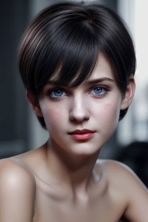 charcoal pencil,   portrait photo of cute girl, perfecteyes eyes,(short messy dark pixie-cut), collarbone,looking at viewer, gray|blue|gray eyes, beautiful, gorgeous, pale hair,enigmatic smile, open mouth , summer, sunlight, ultra perfect detailed face,(up-turned nose), ((pixie-nose)), Blunt Cut Haircut, perfect sparkling eyes, well-defined round pupils, (deep darkish greenish_eyes), round iris, natural "no-makeup" makeup, manicure, hyper realistic skin, Detailed skin, detailed background, (photorealistic:1.3)  8k, soft lighting, high quality,