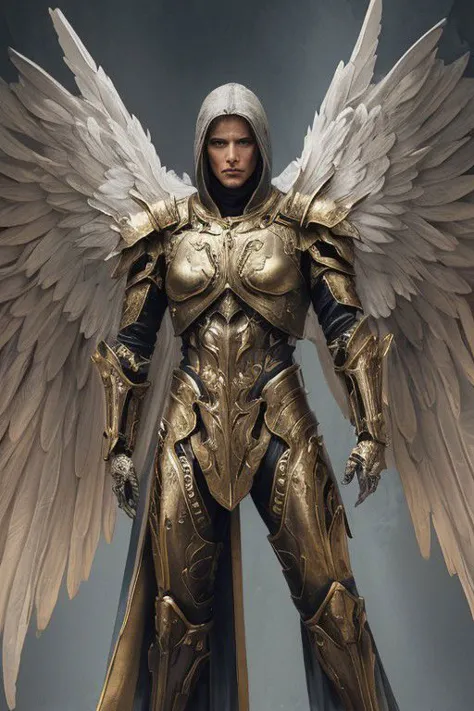 Angel of Death, realistic,futuristic background,wearing his armor,gold wings,