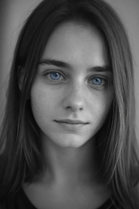 a black and white photo of a woman with blue eyes