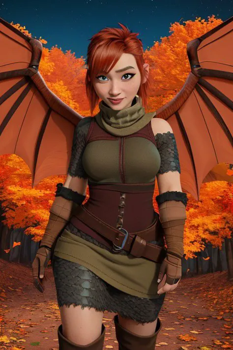 Nimona,short red hair,freckles,sidelocks,black eyes,smiling,wings on upper back, black pantyhose,
ear piercing,armor,bandages,gloves,dress,
standing,
nighttime,outdoors,
(insanely detailed,  masterpiece, best quality),<lora:Nimona:0.8>,Score_9, nimona, envision a woman fox, ((fluffy red fox tail)), orange red fox ears, ((dark skin)), black skin woman, black sexy corset, cute detailled red eyes, loving eyes, sensual look, fashion model, black scarf, 35yo, very long red orange fluffy hair, 1woman, woman focus, close mouth, perfect hands, intrigated details, medium breast, ((masterpiece, 4k, cinematic)),
pureerosface_v1
long lace dress, autumn leaves print,sandals,off shoulder turtleneck
,wearing edgADC
<lora:edgAutumnDressCode:1>, light brown jacket, cropped jacket, zipped bodysuit, suspenders, black pants, belt, fingerless gloves, symmetrical legwear, hip vent, midriff, high heel boots, orange skirt, furry woman, winter vibe,perfecteyes,green eyes,blue eyes,brown eyes