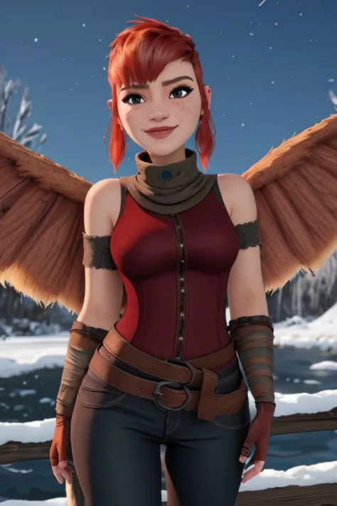 a woman with red hair and wings standing in the snow