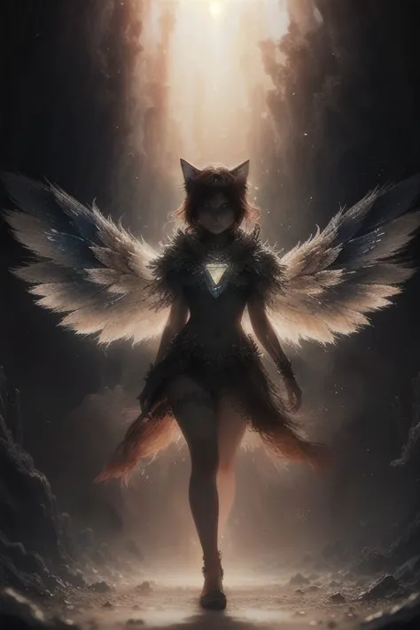 a cat with wings and a dress is standing in the dark