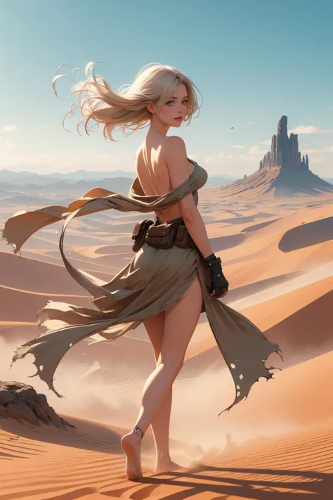 a woman in a dress is walking through the desert