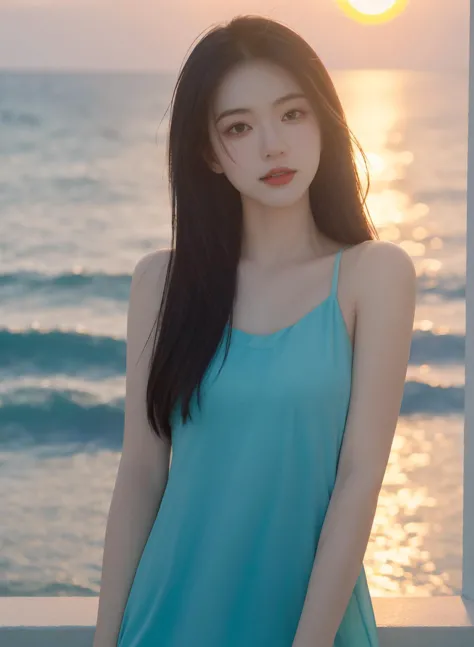 a woman standing on a balcony near the ocean at sunset