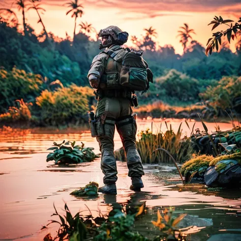 arafed soldier standing in a river with a rifle and a backpack