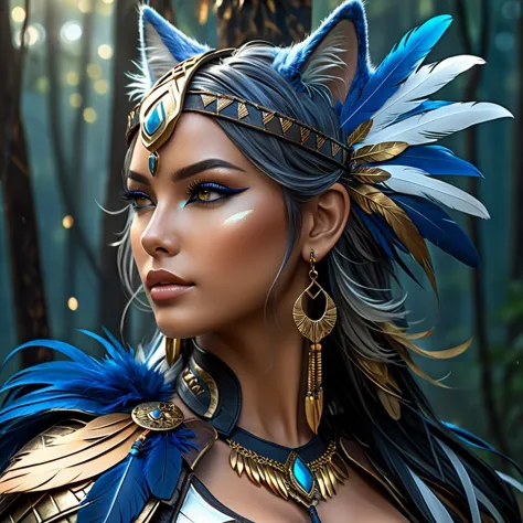 beautiful tribal woman, cat ears, flowing tinted hair, blue, gold, white, leather armor, ((earrings, feathers, tassels, ribbons)...