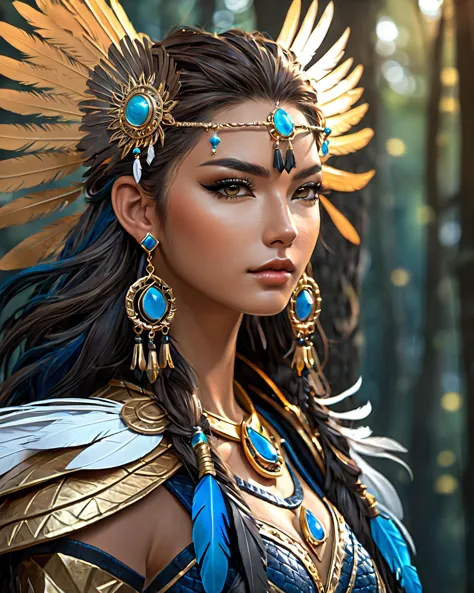 beautiful tribal woman, cat ears, flowing tinted hair, blue, gold, white, leather armor, ((earrings, feathers, tassels, ribbons)...