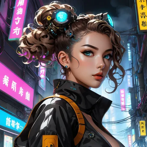 1girl, cyberpunk, futuristic, SciFi , glowing, (mechanical parts:1.5), multicolored eyes, from below, single hair bun, alley, sm...