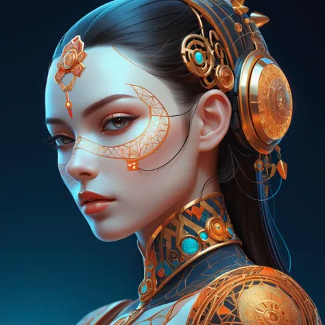 a woman with headphones and a gold mask