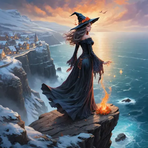 breathtaking A beautiful and stunning witch girl casts a love spell into the air as she stands on a cliff overlooking the sea. T...