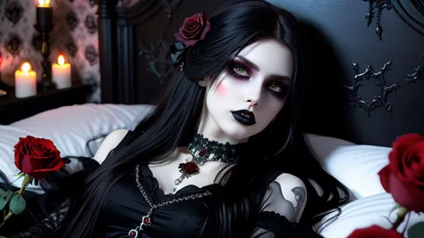 Goth girl, laying on bed ,long hair,looking at viewer,dead white grey eyes,jewelry,necklace,makeup,lipstick,gothic bedroom bed w...
