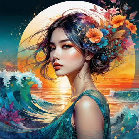 1girl, bbloodmoon Digital watercolor Illustration of a summerscape sunset, by Waterhouse, JB, Carne Griffiths, Minjae Lee, Ana P...