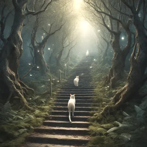 breathtaking A surreal depiction of the quest for equality,represented by a vast,((endless staircase winding through the underworld trees)),with cats climbing together toward a shining,elusive doorway at the top. The scene blends elements of fantasy and reality,with barriers along the path symbolizing various human sins. The mood is dreadful yet challenging,with ethereal lighting and symbolic motifs scattered throughout.  ,<lora:add-detail-xl:1>, . award-winning, professional, highly detailed