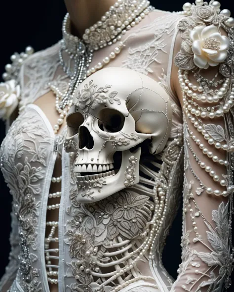 female model in beautiful anatomical embroidery of skeleton head and torso, fashion concept, highly detailed, depth of field, pe...
