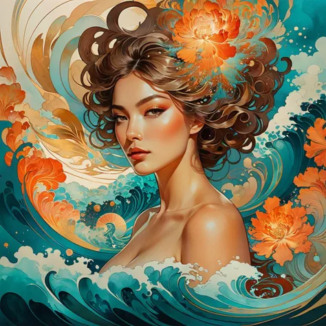 digitally creative psychedelic collage, in the style of sam guay, colorful explosions, serge marshennikov, emotive watercolors, fluid figuratism, cyan and bronze, swirling vortexes