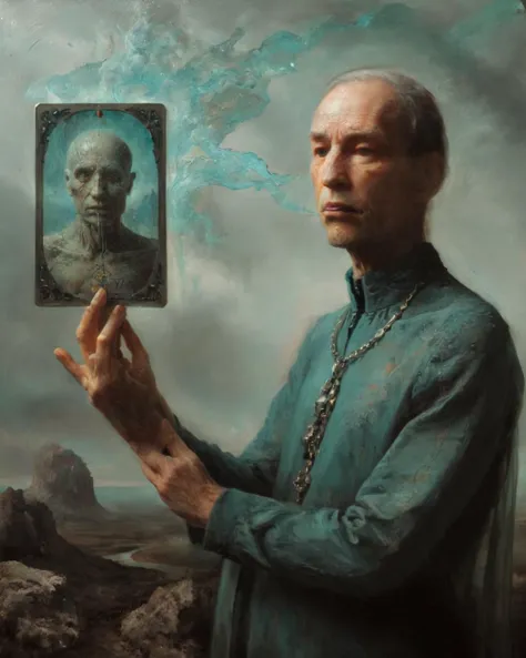 oil painting of a being holding a 2d tarot card of the future by beksinski by giger by William Eggleston reflections in chrome and glass <lora:dissolve:1><lora:oilpaintingClassipeintXL1.9:1>  <lora:Outsider_Art>