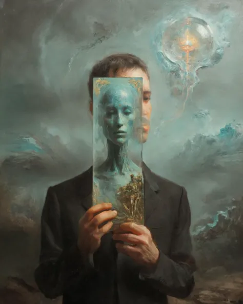 oil painting of a being holding a 2d tarot card of the future by beksinski by giger by William Eggleston reflections in chrome a...